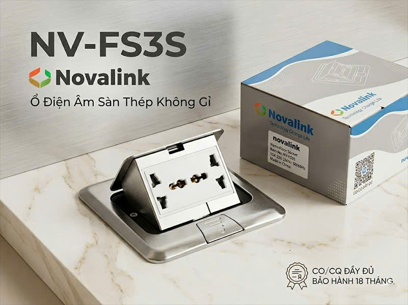 Bộ Ổ cắm âm sàn điệ inox lắp tối đa 3 modul chính hãng NOVALINK mã NV-FS3S cao cấp